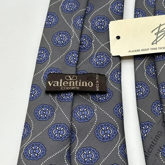 Vintage with tags Valentino Men’s Dress Gray/Blue Floral Silk Tie Made in Italy - Picture 1 of 6